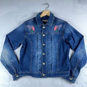 Blue Desire Denim Jacket Embroidered Flowers Medium Wash Womens Blue Size Small